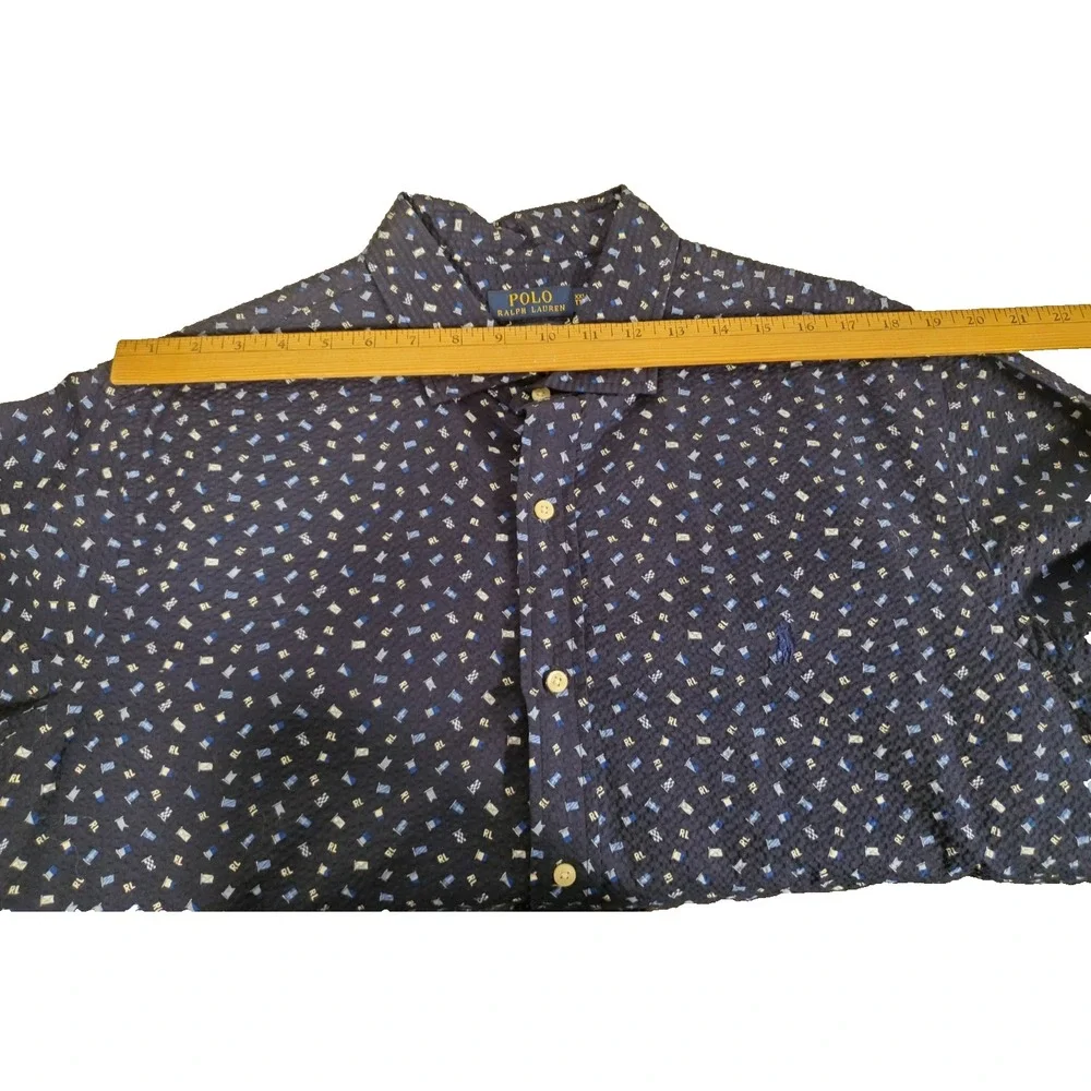Polo Ralph Lauren Shirt Mens 2XL Blue Button Up Geometric Logo Seersucker Preppy